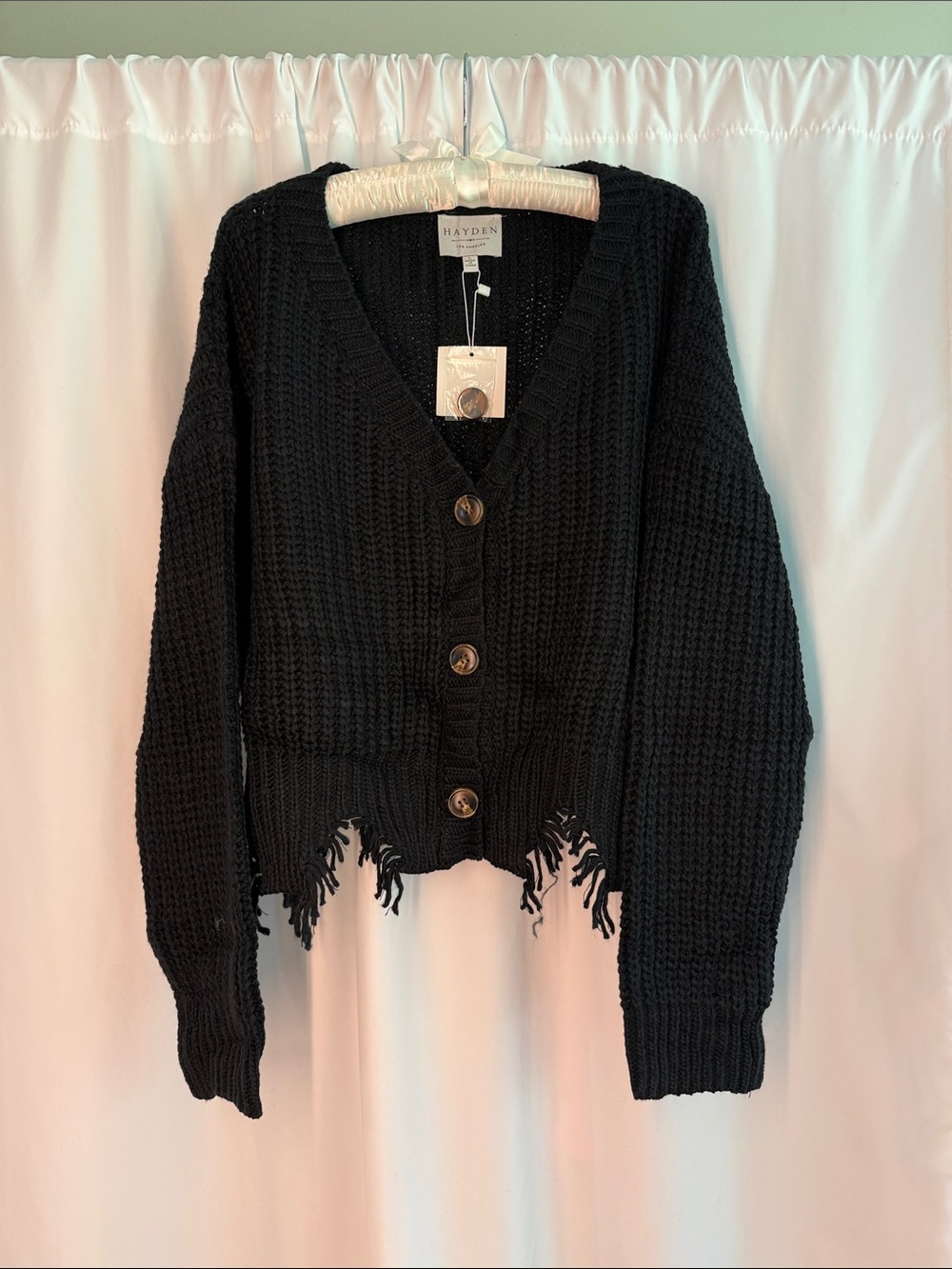 Hayden Black Distressed Waffle Knit Button Cardigan